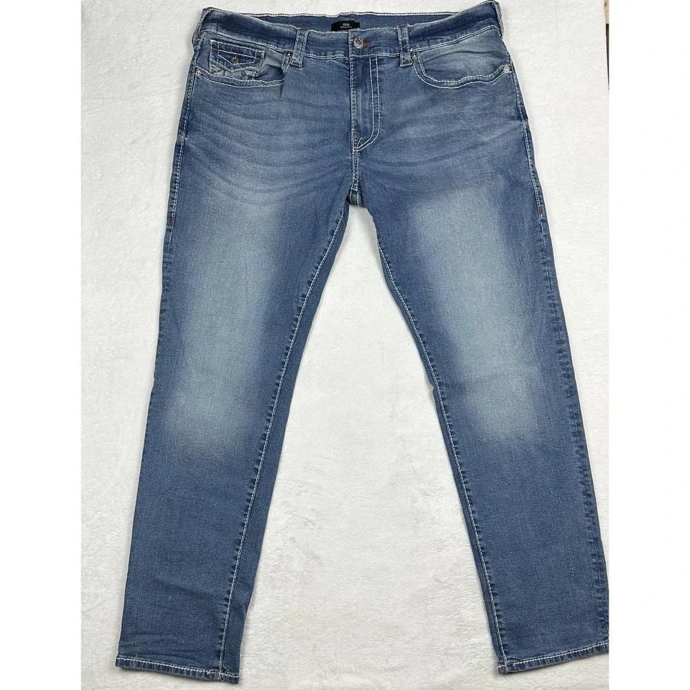 True Religion Geno Relaxed‎ Slim Whiskered Jeans SN Flap 38X33 Wash Blue